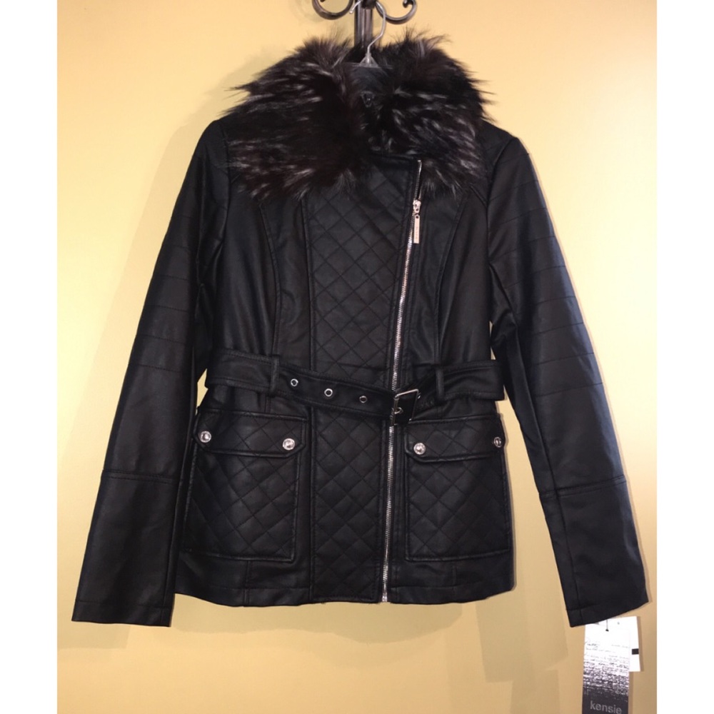 Kensie Faux Black Leather Fur Jacket Coat Belt